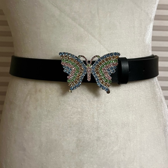 Black Leather belt Pastel pink blue green rhinestones Butterfly buckle NWOT - Picture 6 of 6